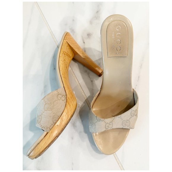 Gucci Shoes - GUCCI Monogram Logo Canvas Wood Platform Sandal Mule Shoe sz 6.5